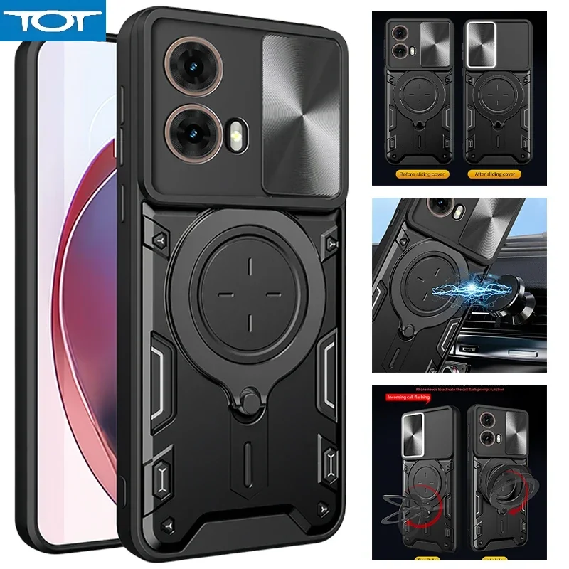 

Для Moto G85 5G чехол слайд-камера, бронированные чехлы для телефонов для Motorola Moto G85 XT2427-3 MotoG85, автомобильный магнитный держатель с кольцом, задняя крышка