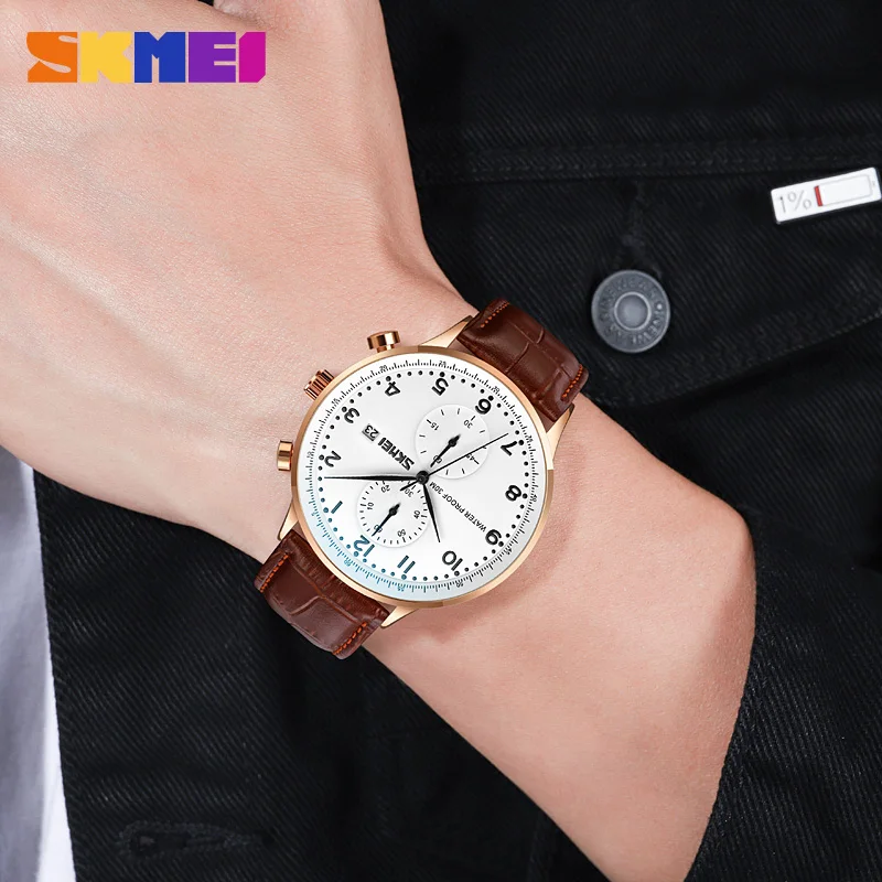 Imagem -04 - Skmei Relógios Masculinos Topo Marca de Luxo à Prova Impermeável Água Esporte Relógio de Pulso Cronógrafo Quartzo Militar Couro Genuíno Reloj Hombre