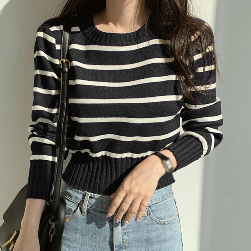 Casual Fashion Gentle Versatile O-Neck Retro Simplicity Long Sleeves Tops Women\'s Sweater Stripe Contrast Color