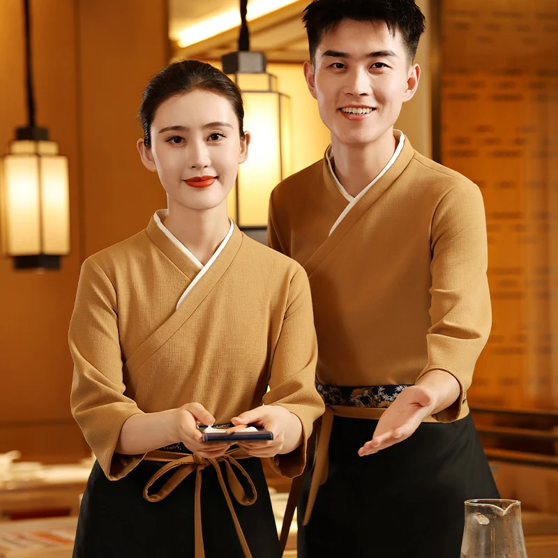 

Chinese Restaurant Autumn and Winter Waiter Long-sleeved Two-piece Set Tavern Workers Overcoat+Blouse+Apron Overalls Wholesales