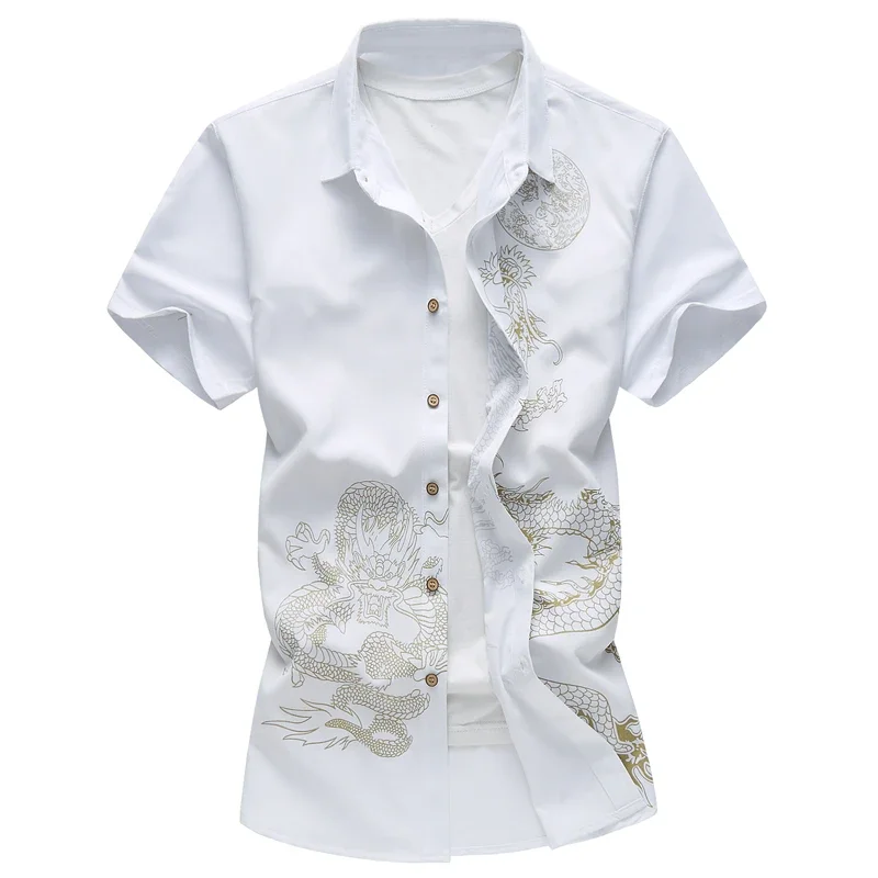 New Chinese Style Boys Short Sleeve Shirt Printed Dragon Shirt Business Casual Wine Red Blue Black Men Shirts Party Wedding 7xl