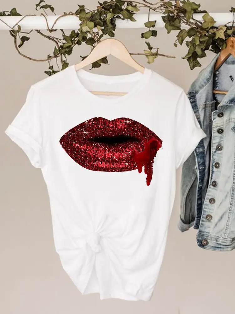 

Graphic Tee Women's Short Sleeve Clothes Ladies Print T Clothing Summer Lip Style Lovely Style Trend Female Fashion T-shirts