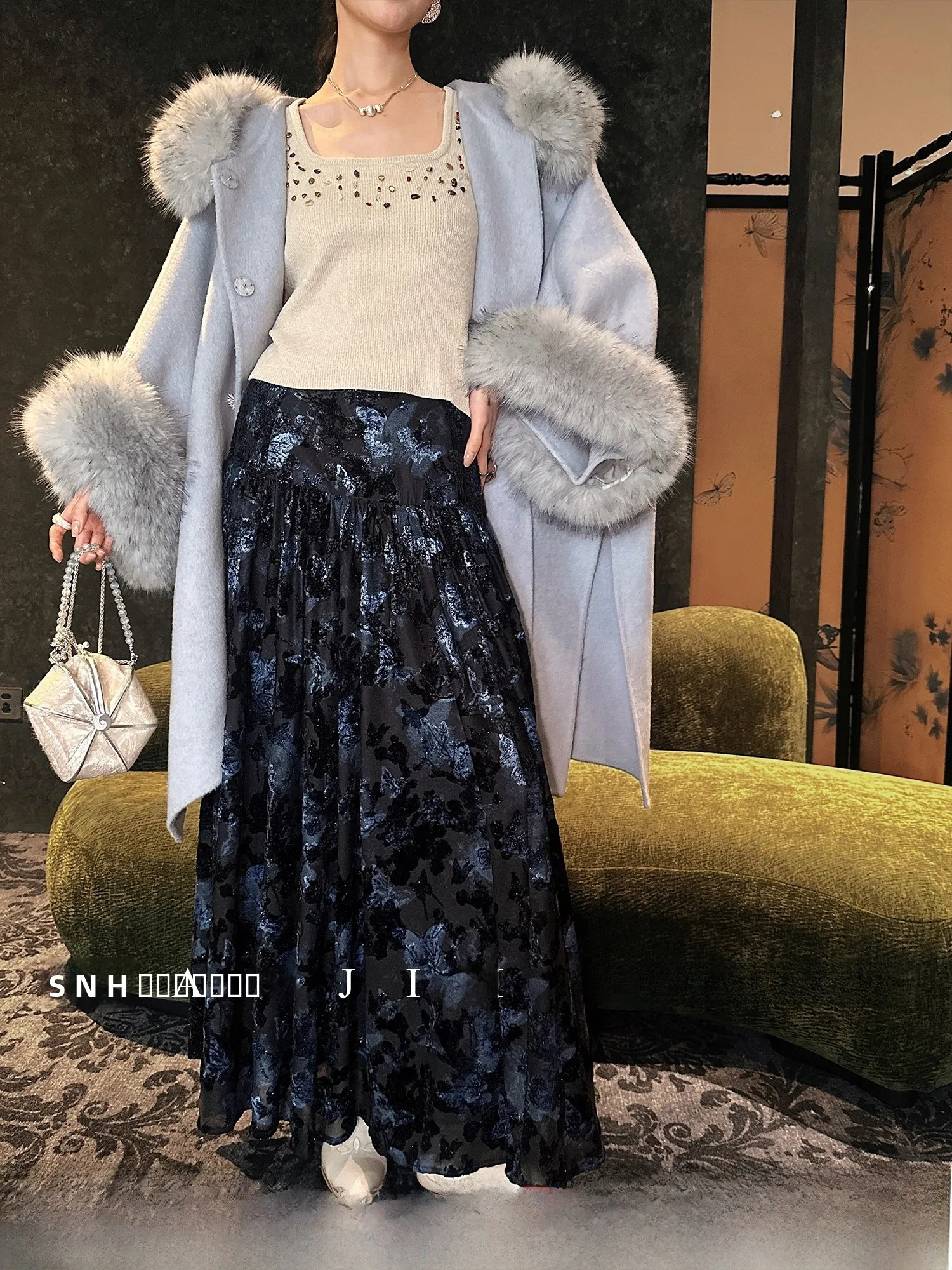 

anji Bla Flower New Chinese Sle iny Velvet Winter f-length Skirt Women's A-line Maxi Skirt Very Attractive