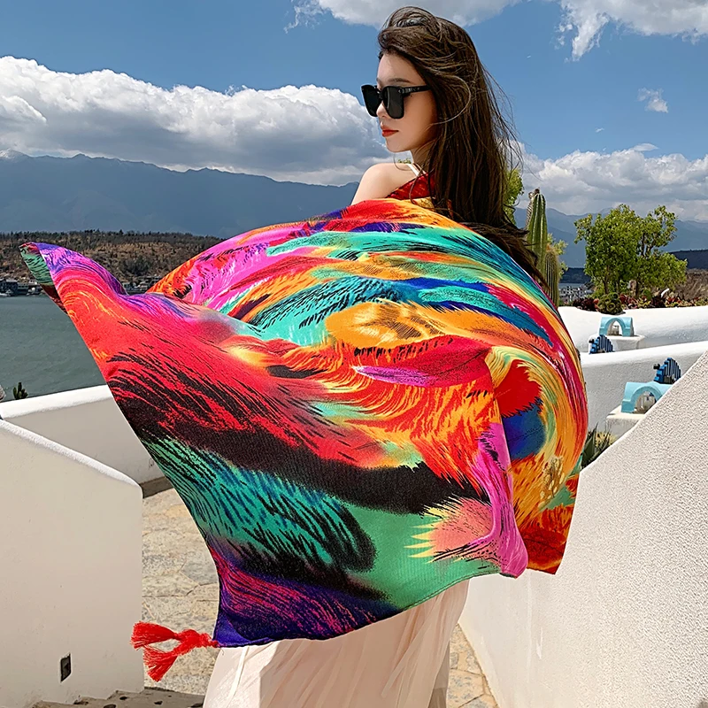 Fashion Women Beach Scarf Bohemia Flower Summer Hijab Shawls and Wraps Female Foulard Echarpe Designer Pashmina Bandana 2023