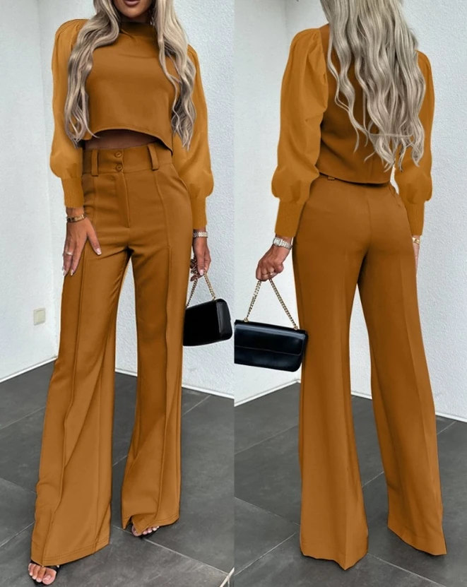 Elegant Womens Two Piece Sets Outfit Puff Sleeve Crop Top Buttoned Work Pants Set 2023 Autumn Winter Spring New Fashion Casual