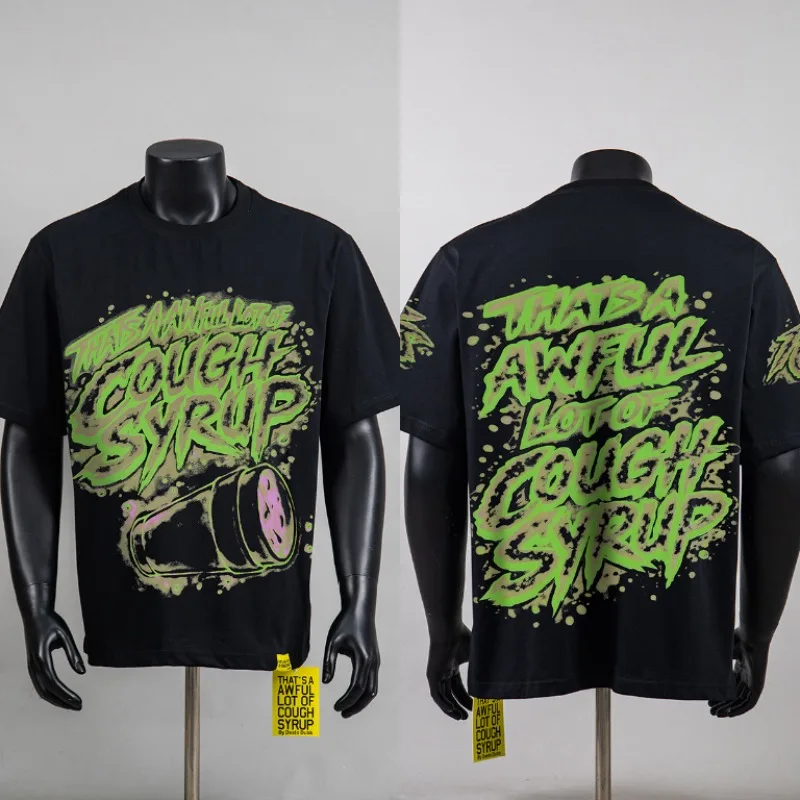 New That's A Awful Lot of Cough Syrup Men's T-shirt Black Bottom Green Graffiti Printed Loose Casual Hip Hop Short Sleeve Top