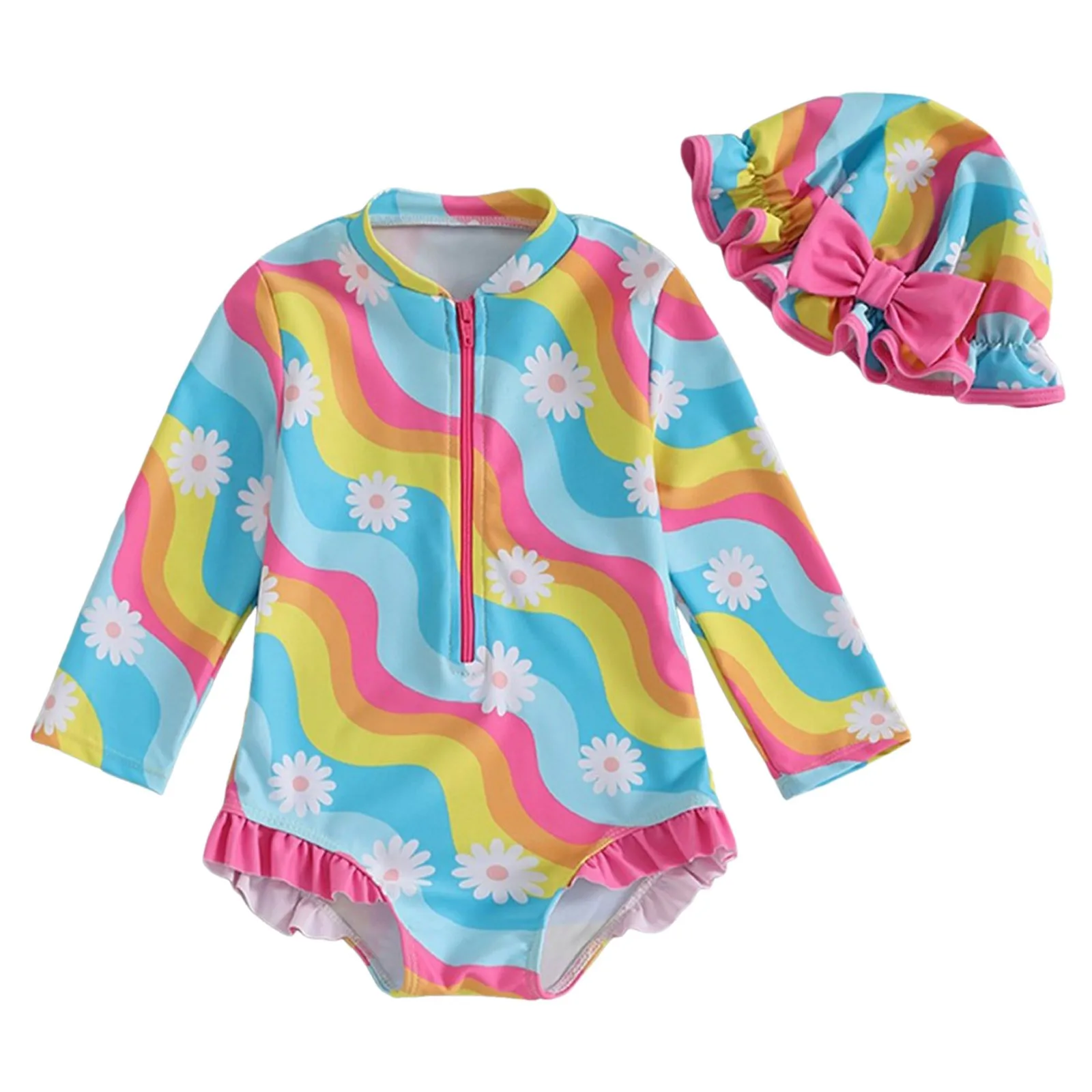 Baby Girl Swimsuit Long Sleeve With Hat Set Zipper Swimsuit 3 Print