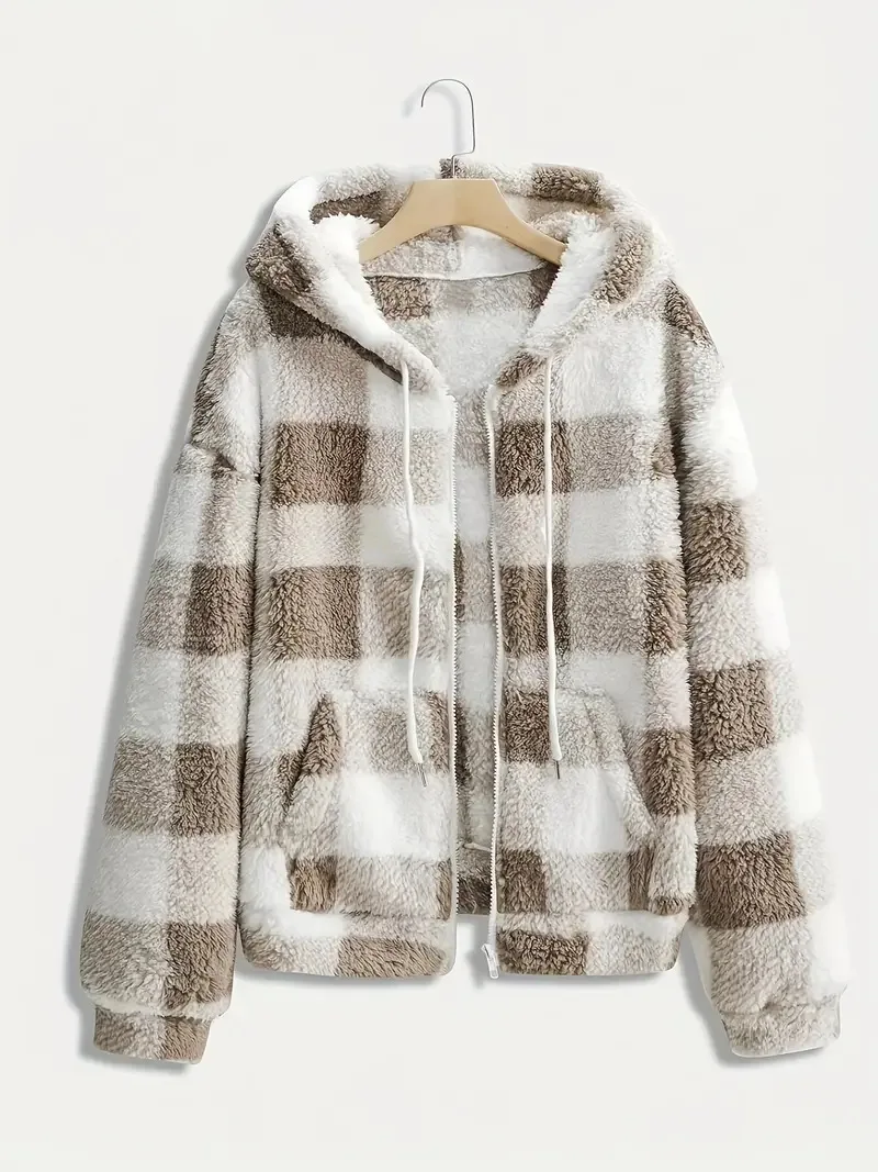 Ladies Buffalo Check Plaid Sherpa Fleece Hoodie Jacket Zip Up Long Sleeve Soft Fluffy Fall Winter Outerwear With Side Pockets