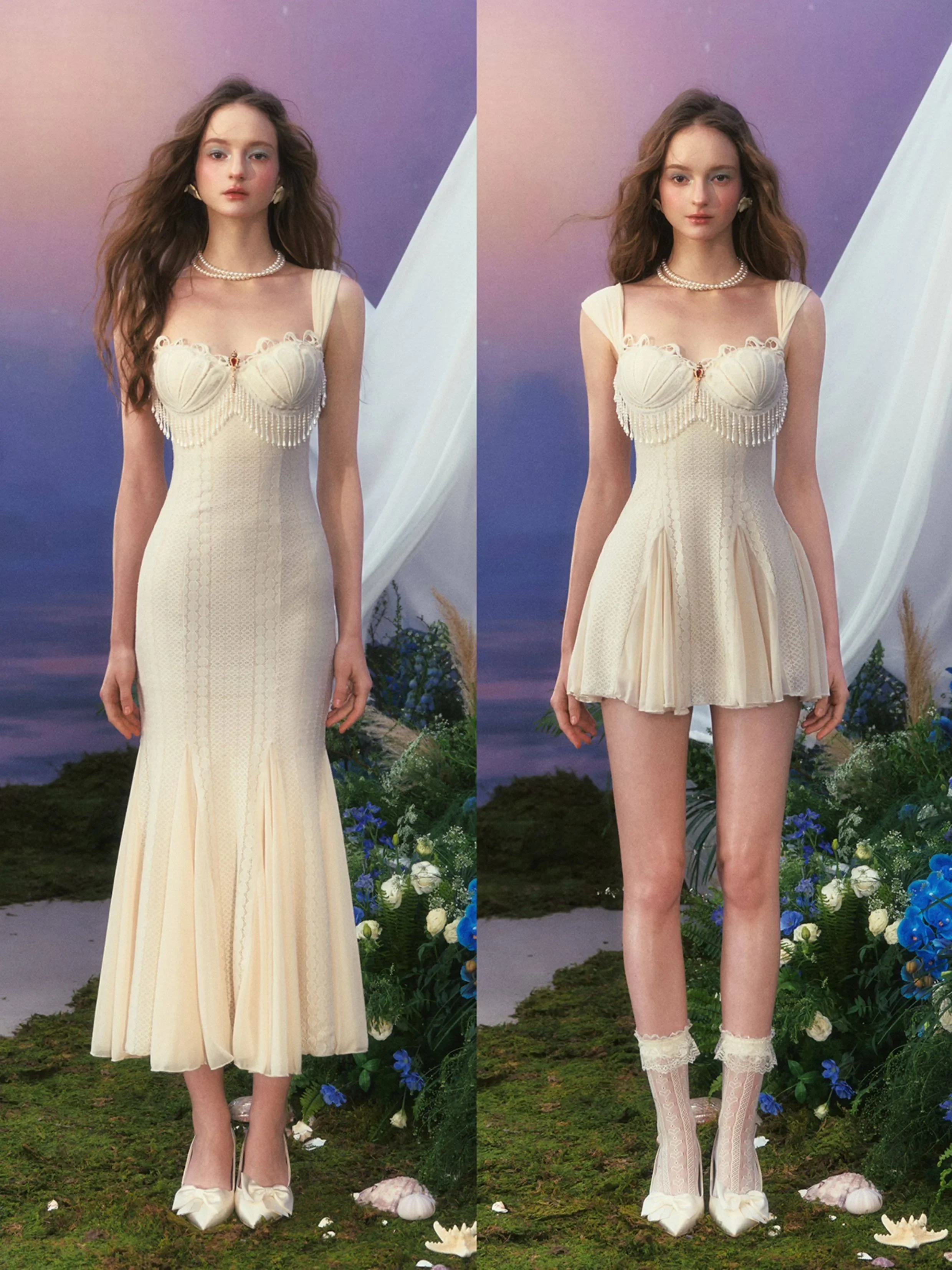 Vestido de Verano IMU Lacemade sin Mangas con Tirantes, Perlas y Borlas, Blanco, con Falda Trompeta y Encaje Romántico, Estilo Hippie