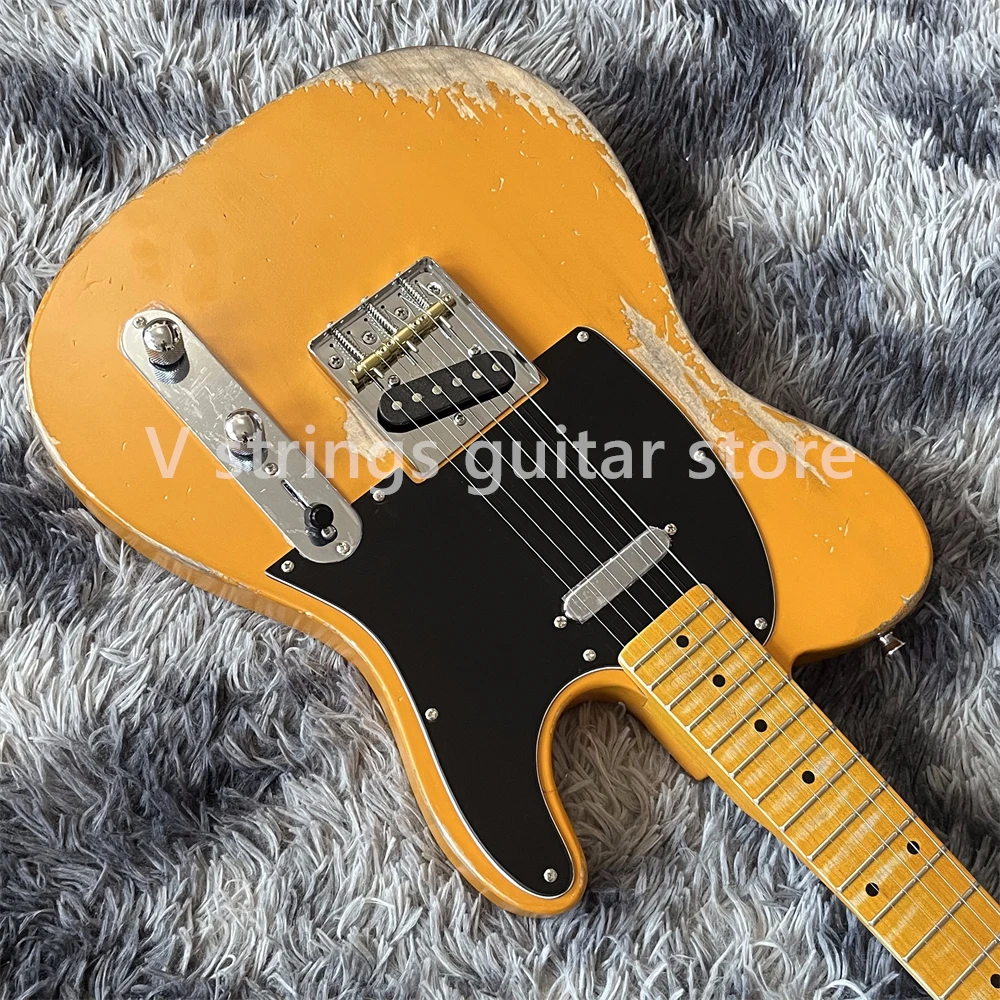 Penjualan terlaris gitar listrik kuning gitar usia patung dengan fretboard leher maple cepat pengiriman