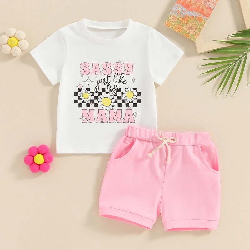 

Suefunskry Little Girls Summer Shorts Outfits Short Sleeve Letter Flower Print T-shirt Tops Solid Color Shorts Sets