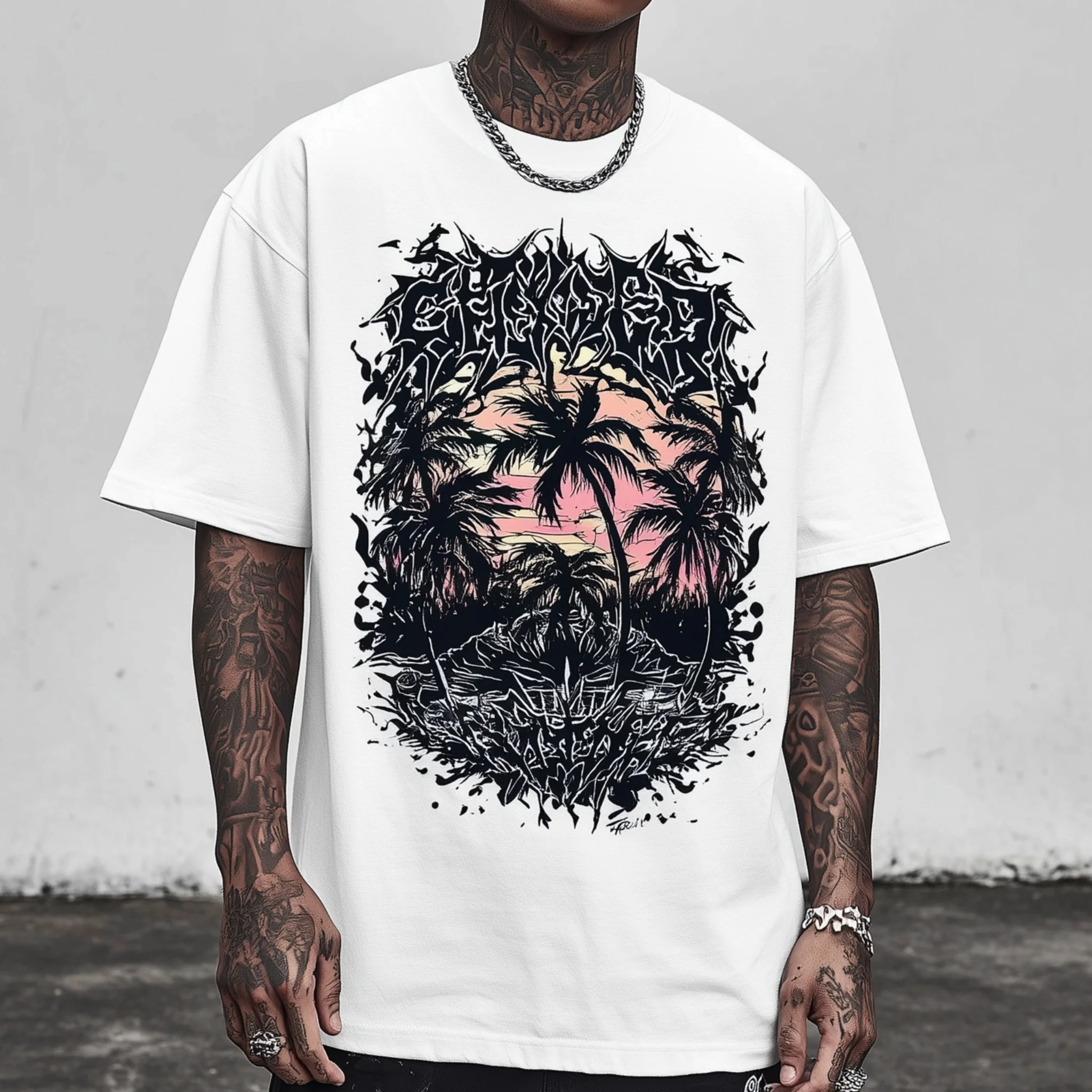 

Teevo Men's Short Sleeve T-Shirt Palm Tree Silhouette Print Casual Streetwear Daily Wear