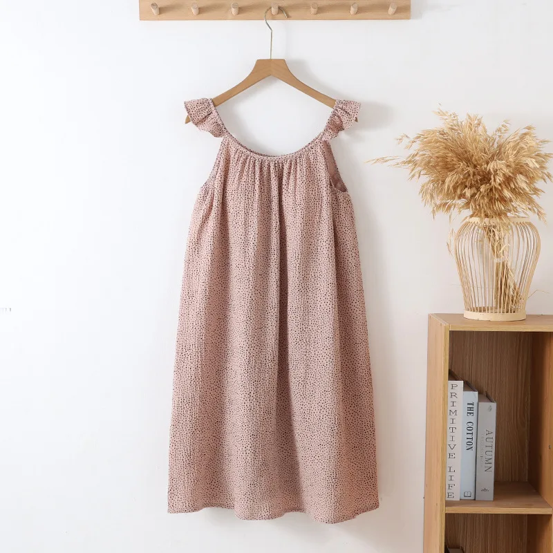 Crepe Cotton Dresses Women 100% Chest Pad Pajamas Flying Sleeve Halter Dress Sleeveless Sleepwear Nightdress Summer Nightgowns