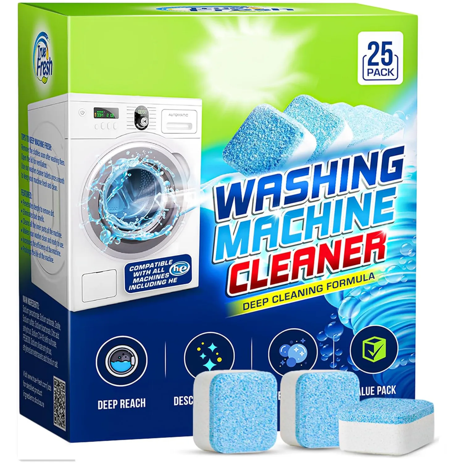 25 Pack Washing Machine Cleaner Descaler Deep Cleaning Tablets for HE Front Loader Top Load Washer Septic Safe Deodorizer Clean