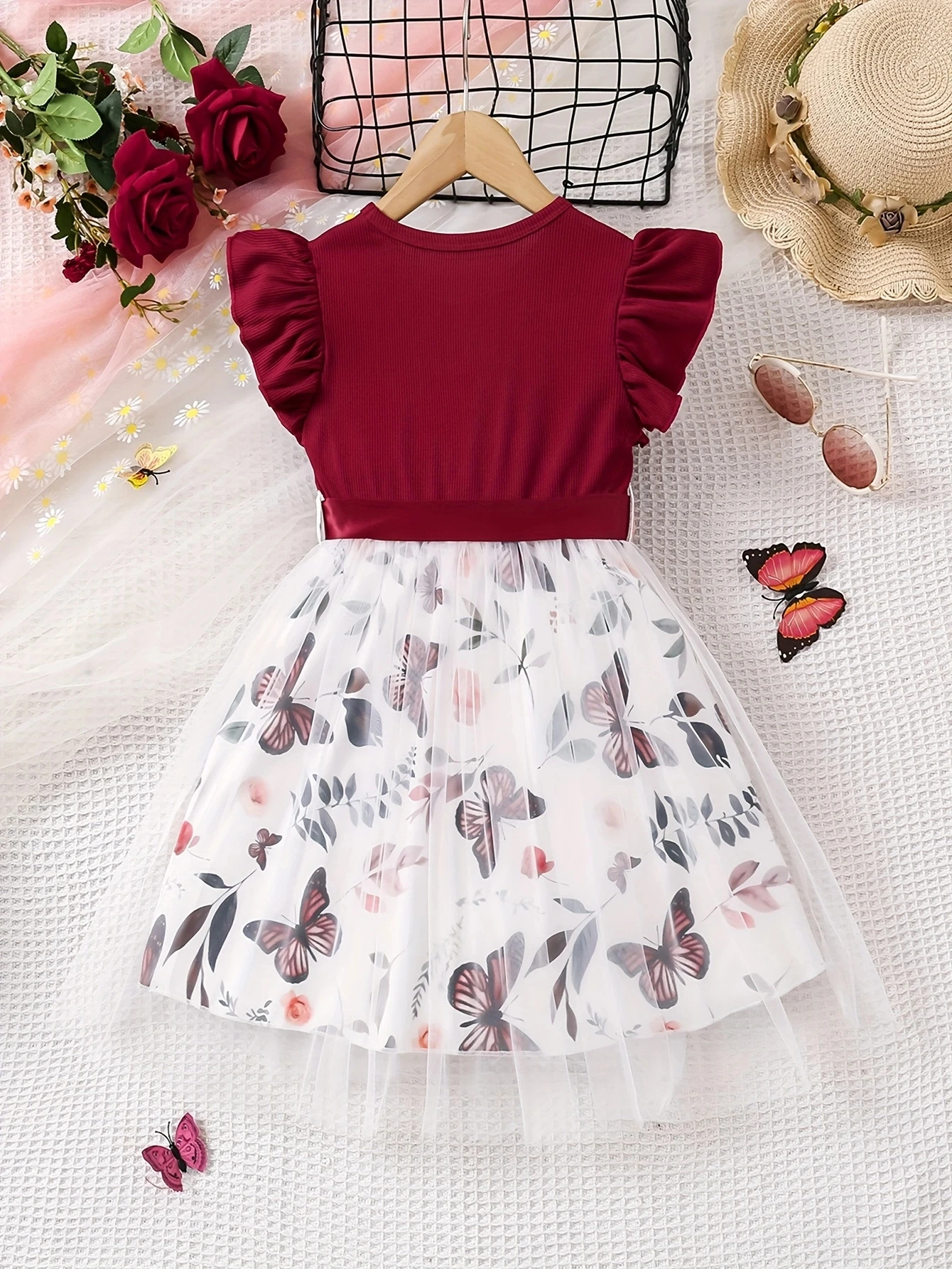 Summer Butterfly Printed Butterfly Cuff Mesh Cover Dress for Girls