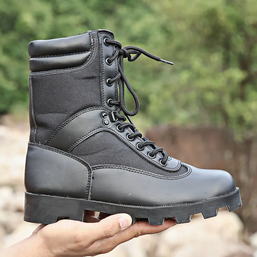 CQB.SWAT Black Leather Breathable Tactical Mens Boots Wearable Combat Black Zipper Jungle Boots