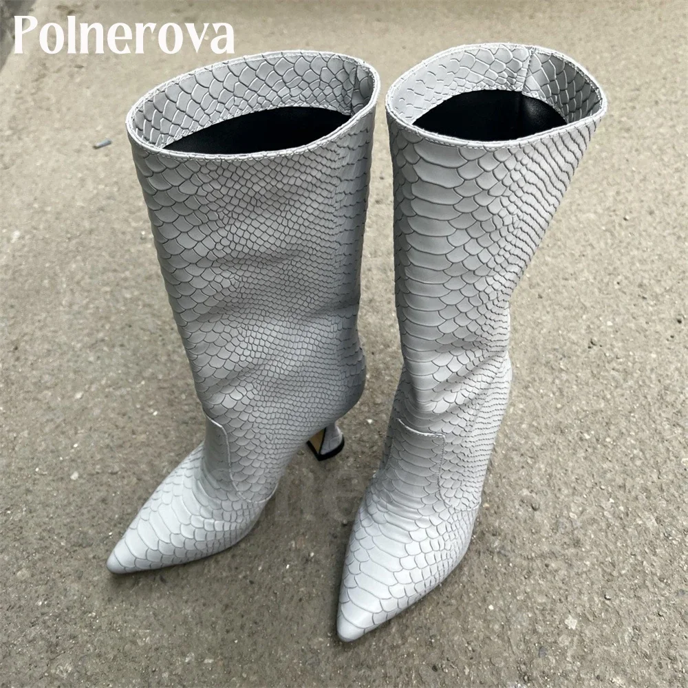 

Белые сапоги до колена из искусственной кожи под змеиную кожу, сексуальные остроносые сапоги для женщин, роскошные кожаные сапоги ручной работы без застежек