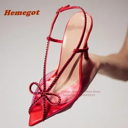 Red Crystal Butterfly-Knot Sandals Pointed Toe Thin Heels Slingback Women's Sandals Rhinestone Party Wedding Shoes 2024 Luxury