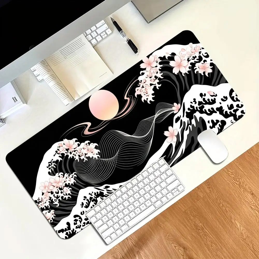 Ukiyo-e Wave Sakura Print Large Gaming Mousepad Non-slip Rubber Base Stitched Edge Office Keyboard Workstation Decor