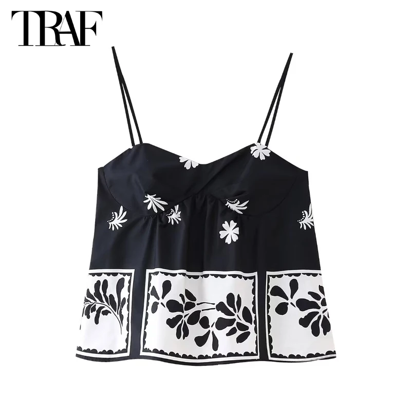 TRAF 2024 Print Crop Top Women Sexy Backless Camis Tops for Women Ruched Beach Slip Top Female Straps Holiday Summer Top Woman