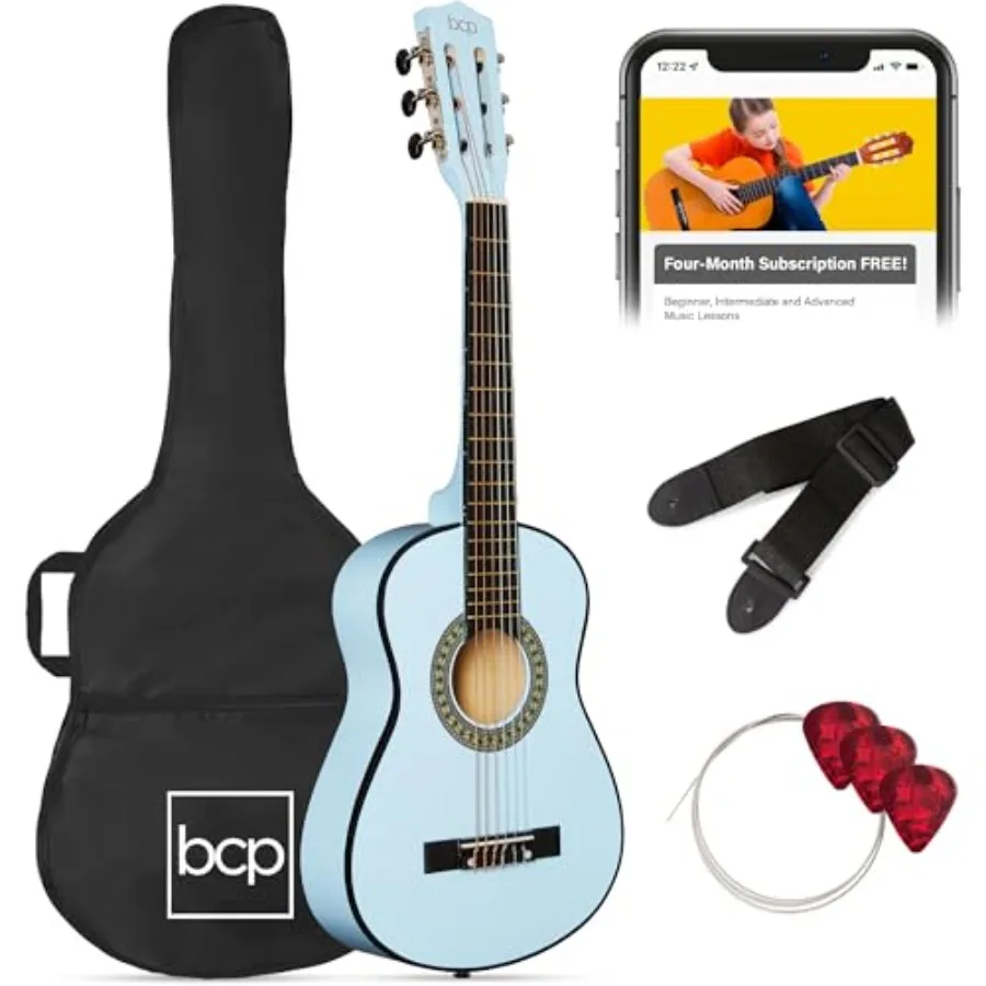 

30in Acoustic Guitar All-in-One Beginner Starter Kit w/Strap Case Extra Strings Rosette Inlay - Light Blue