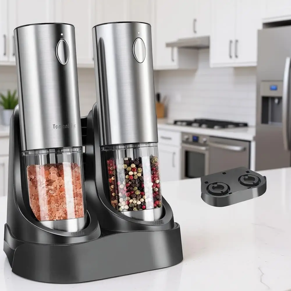

Larger Capacity Electric Salt and Pepper Grinder Set, Automatic Mills with Dual Charging Station, Adjustable Coarseness, LED Lig