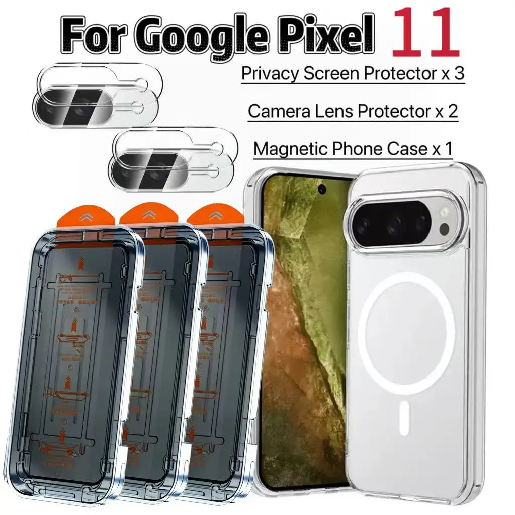 6in1 For Pixel 11 Pro XL 3Pc Anti-Peeping Tempered Glass Screen Protector 2Pc Lens Films Transparent Magnetic Case