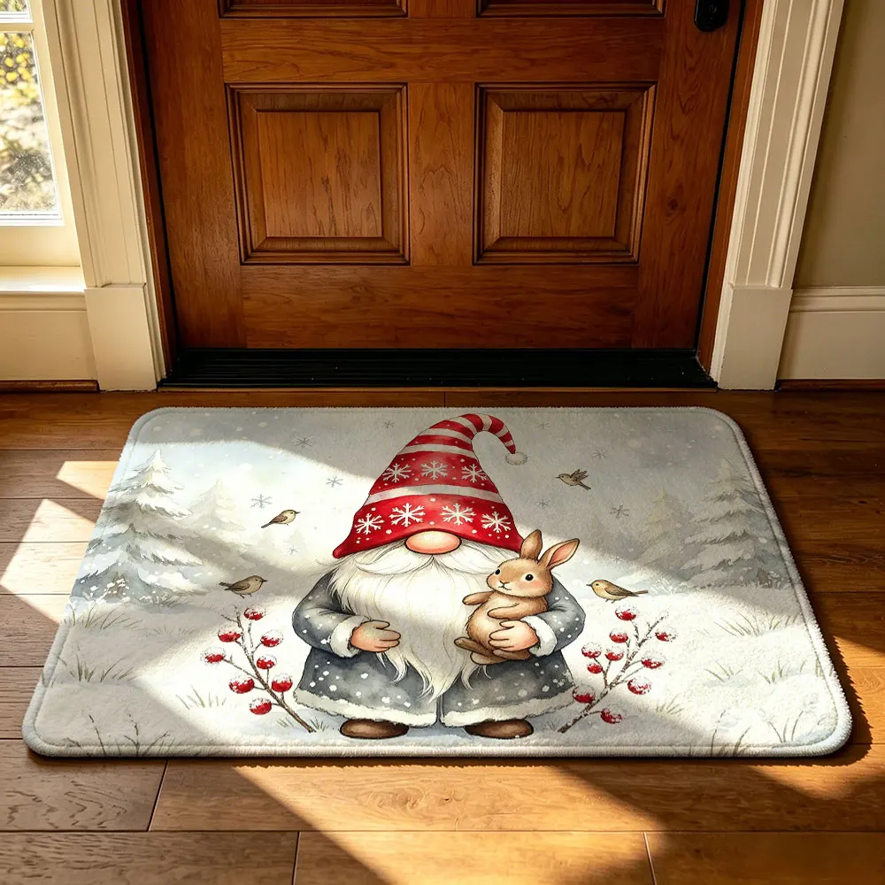1pc Christmas snow fairy holding a rabbit snow scene illustration anti-slip indoor floor mat with flannel silicone base