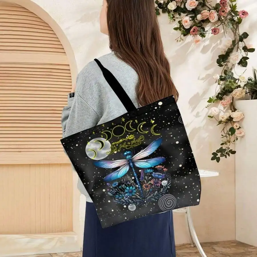

Mystical Dragonfly Tote Bag With Lunar Phases Floral Print Boho Hippie Celestial Design For Women