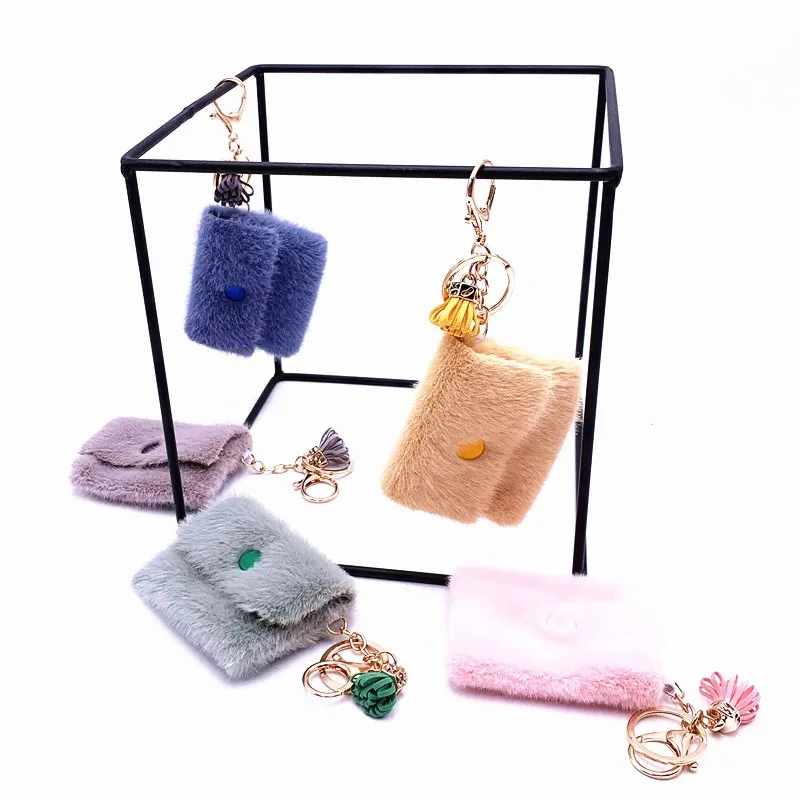 Mini Candy Color Handbag Tassel Charm Keychain Cute Girls Fluffy Fur Pompom Women Key Holder Bag Keyring Jewelry Gift Key Bag