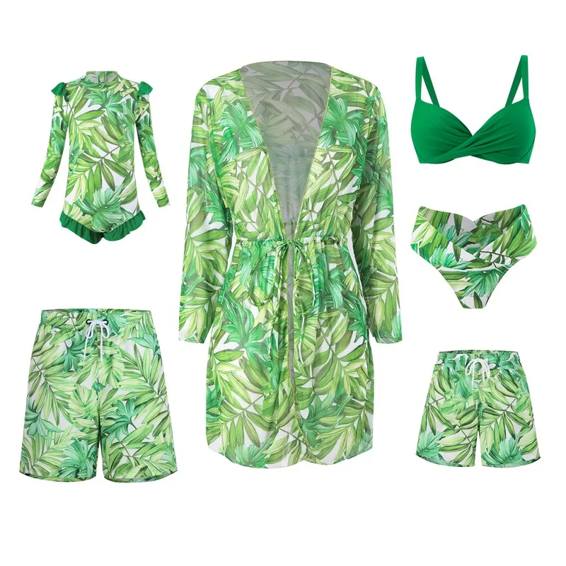 Leaf Print Swimwear Family Matching Outfits Look Mother Daughter Bikini Swimsuits Mommy and Me Clothes Dad Son Swimming Trunks