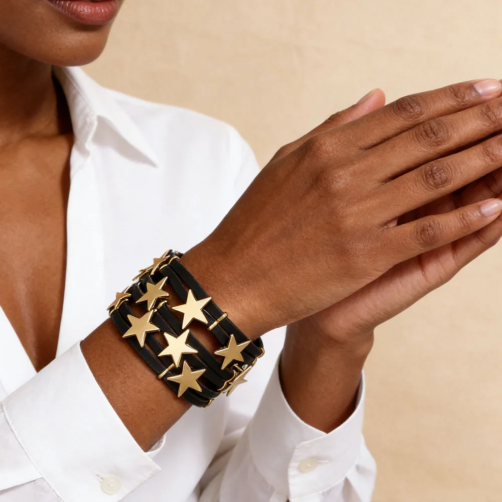 ALLYES Exquisite Golden Stars Wrap Artificial Leather Bracelet for Women Stylish Multilayer Wide Bangle Bracelets Party Jewelry