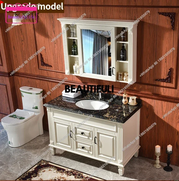 YL American Red Oak Solid Wood Bathroom Cabinet Floor-Standing Washroom Furniture with Toilet Wash Basin and Storage Mirror Ca