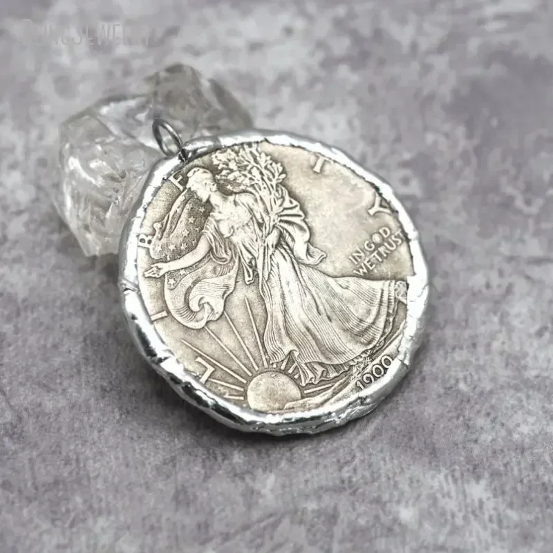 Lady Walking Liberty Eagle Soldered Coin Necklace Pendant Findings Handmade Vintage Jewelry Charm Supply