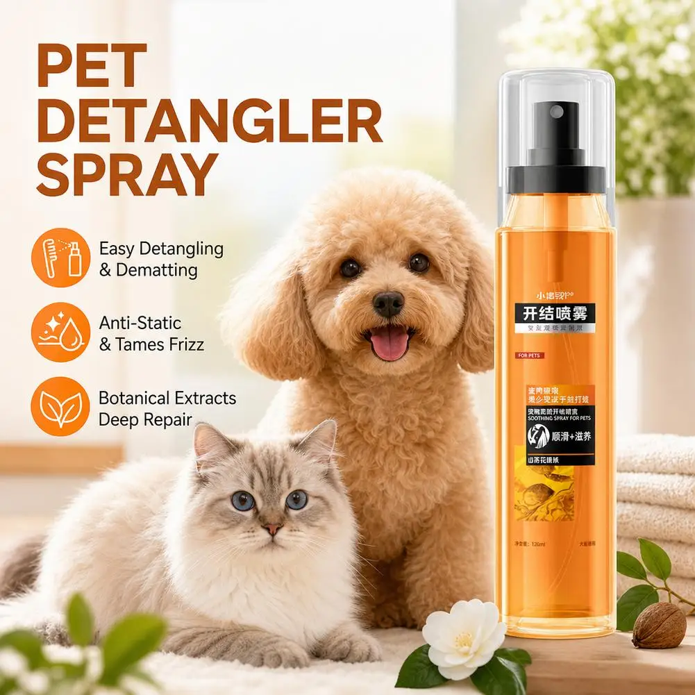 Pet Detangling Spray 120ml Leave-In Dog and Cat Conditioner with Camellia Extracts Anti-Static Hair Nourishing Mist