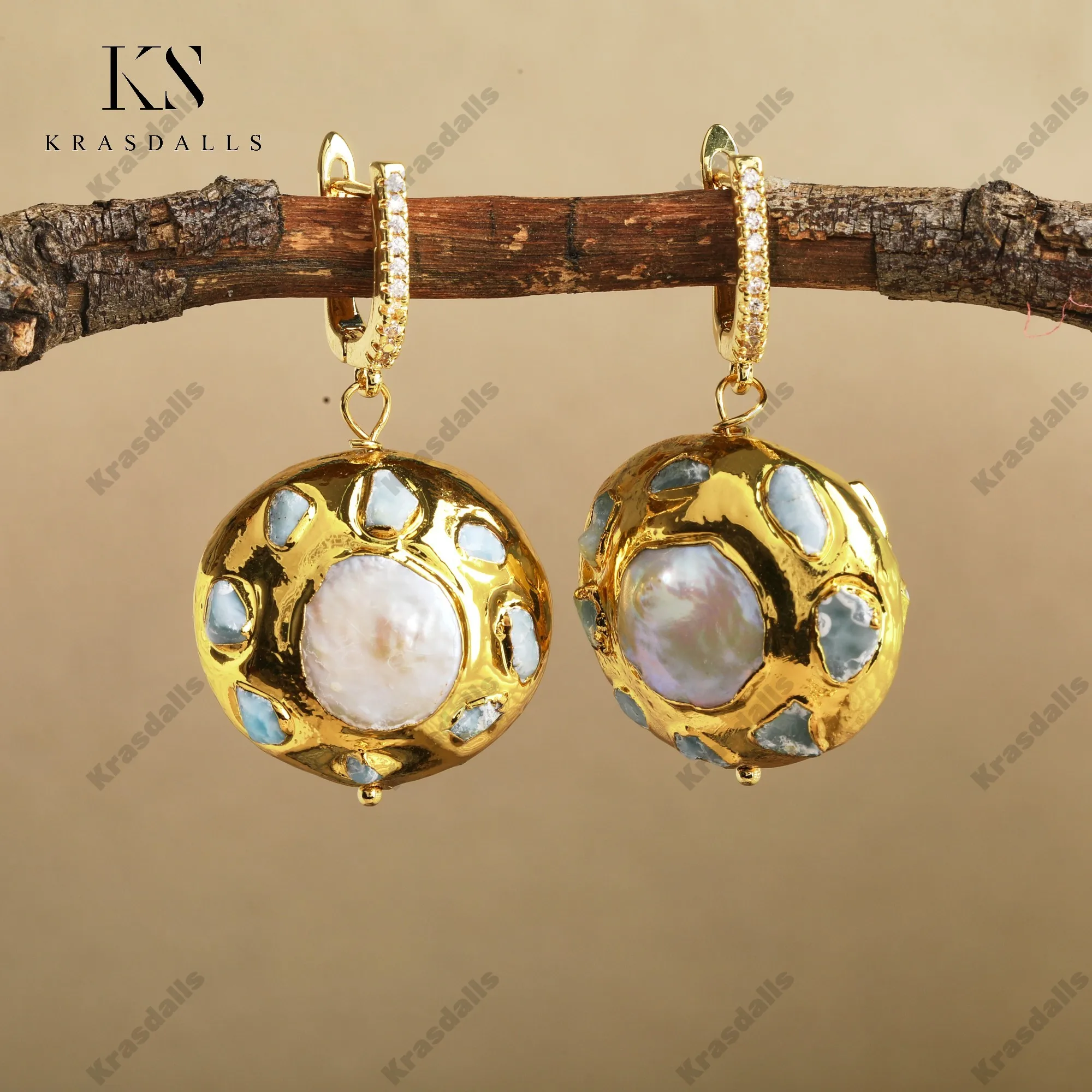 

Round Shape 18K Gold Plated Larimar and Natural Baroque White Pearl Drop Earrings Vintage Fashion Jewelry with Brass Material