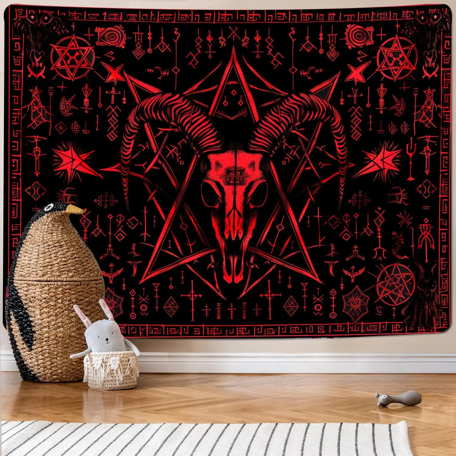 Wall Hanging Dorm Tapestry Hjokiupt Goat Head Gothic Tapestry, Pentagram Devil Demon Symbol Tapestries, Mysterious Red Tapestry