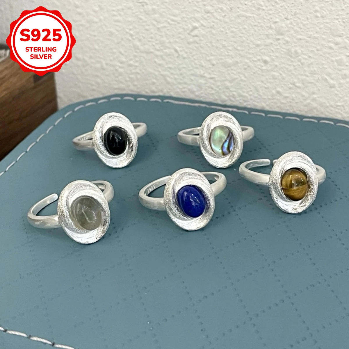 925 silver inlaid natural stone sandblasted velvet oval opening ring, texture niche style, cold bland senior feeling