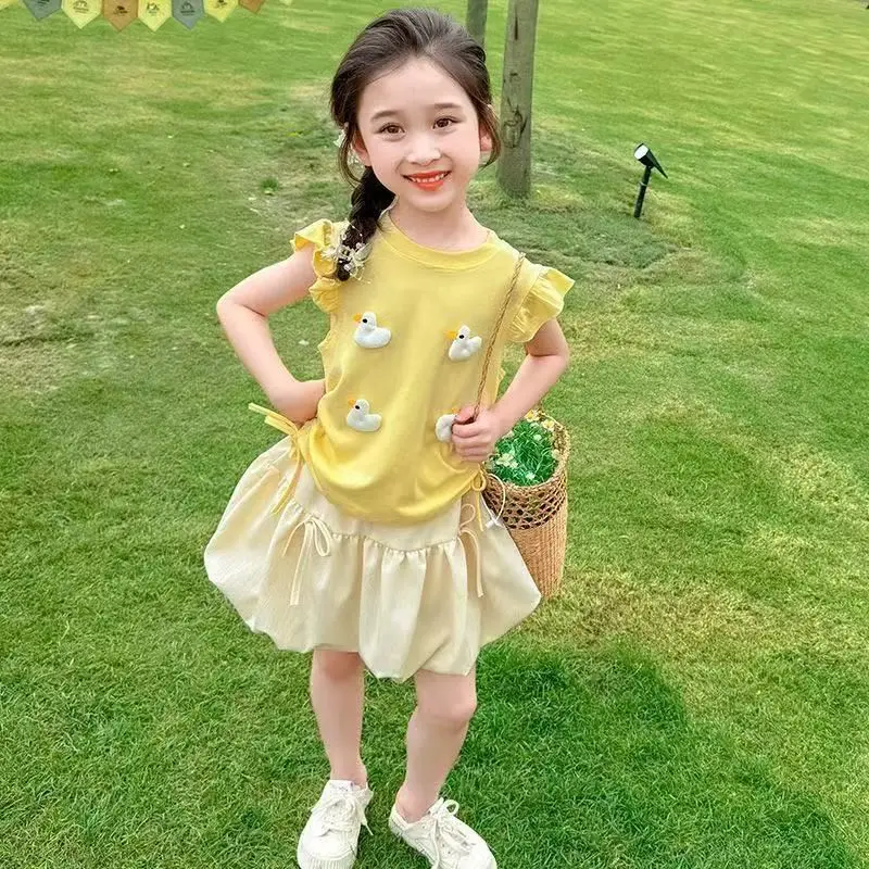 2026 Summer New Cute Three Dimensional Duck Flying Sleeve Tank Top and Flower Bud Skirt Two Piece Set for Children