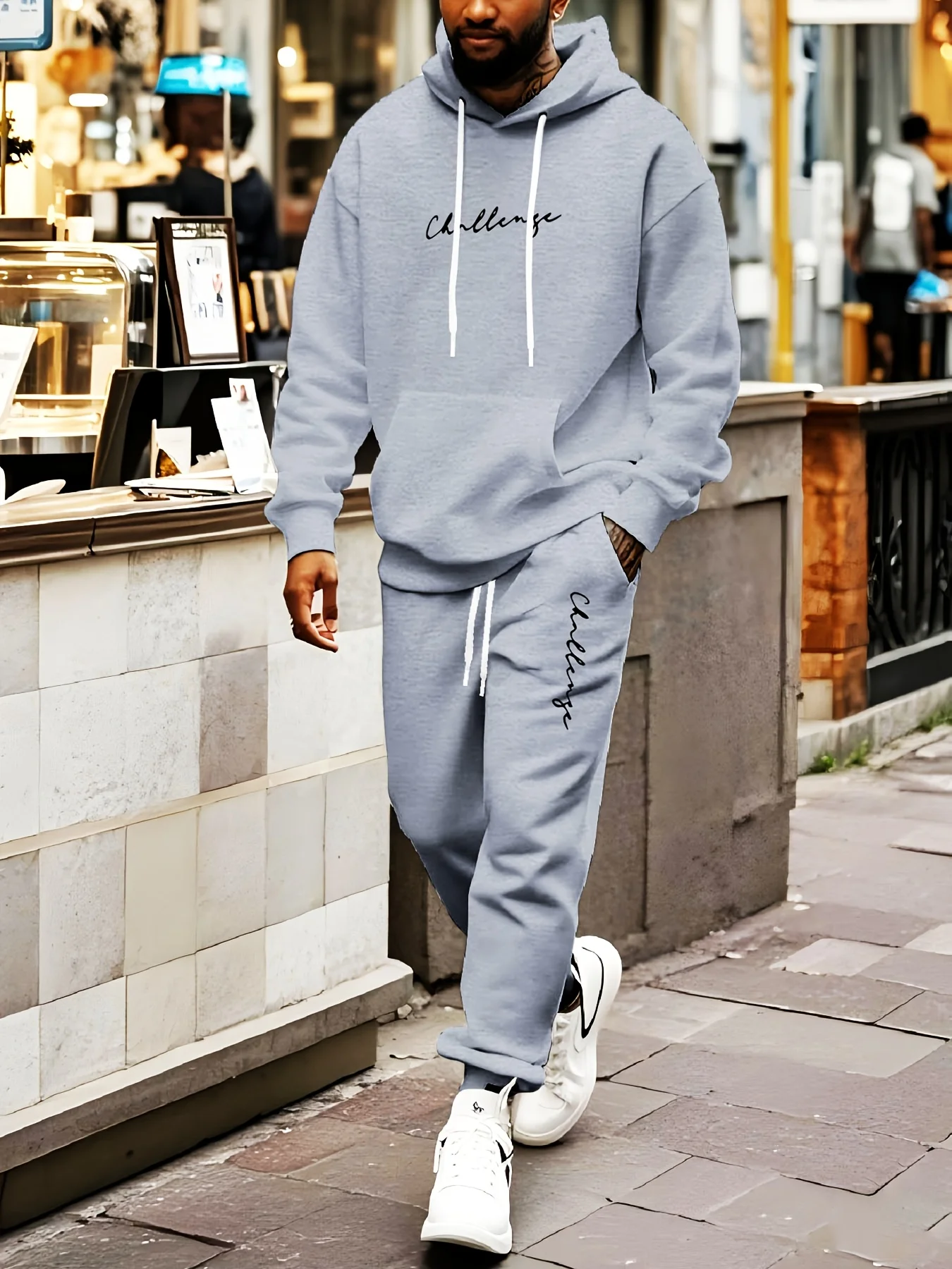 

Autumn Men Challenge Letter Graphic Print 2Piece Tracksuit Loose Fit Hooded Sweatshirt DrawstringJogger Pants Running Sport Suit