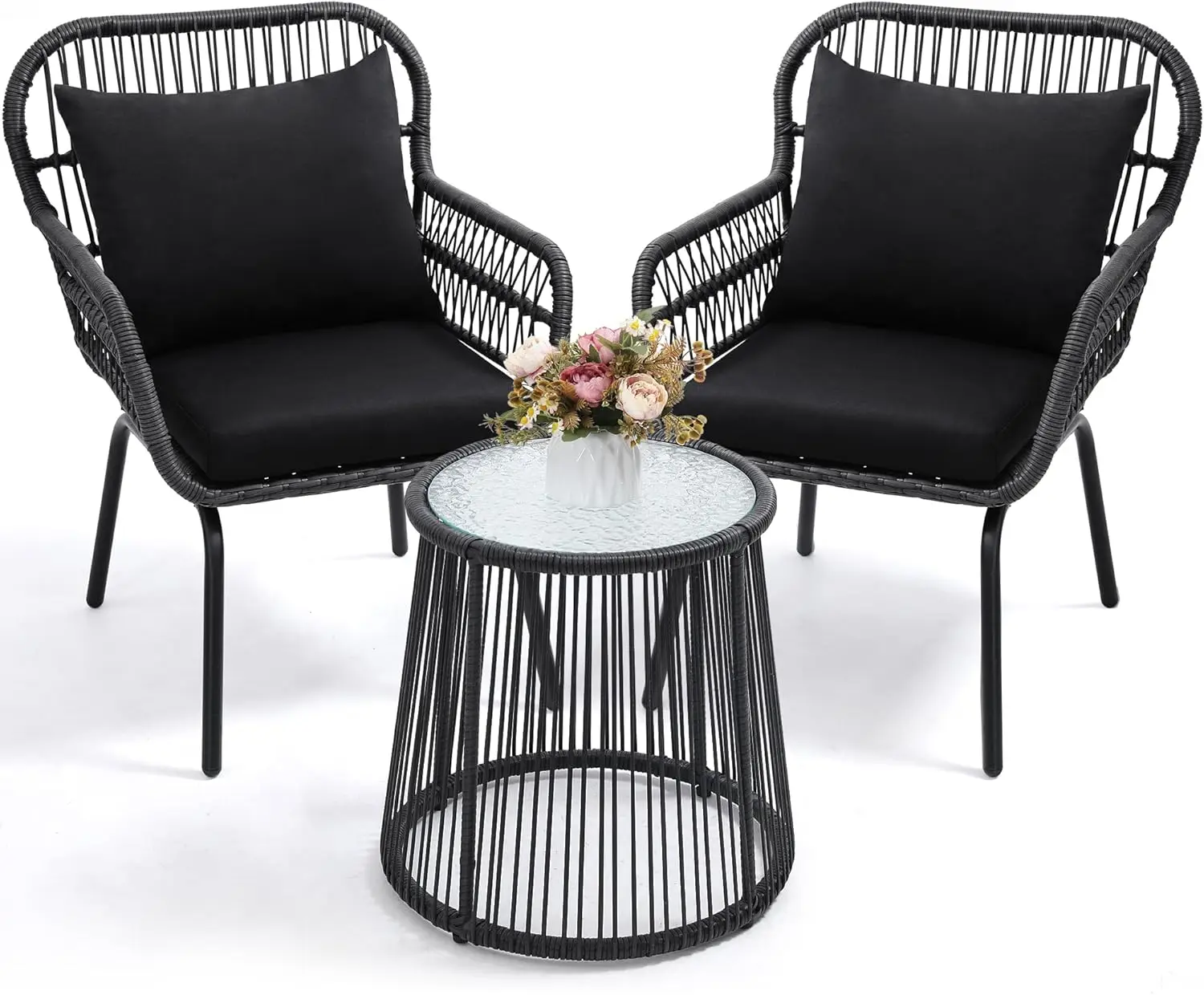 Space-saving black rattan wicker 3-piece outdoor bistro set with glass top table and two rattan chairs, compact casual furniture for narrow balcony and small backyard layout