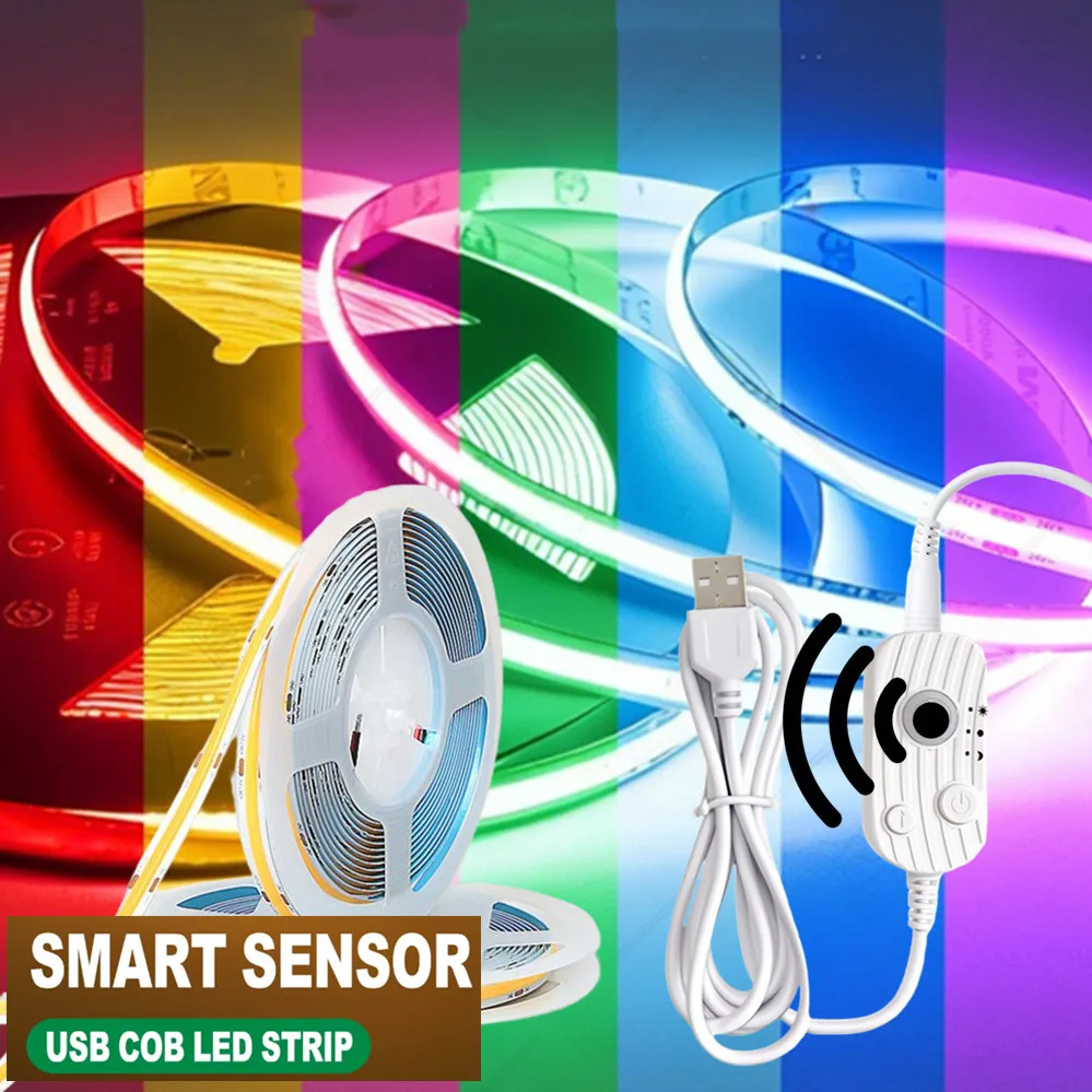 Motion Sensor Led COB Light Strip USB Power 5V Auto ON/OFF Liner Lighting Cabinet Wardrobe Kitchen Staircase Nightlights