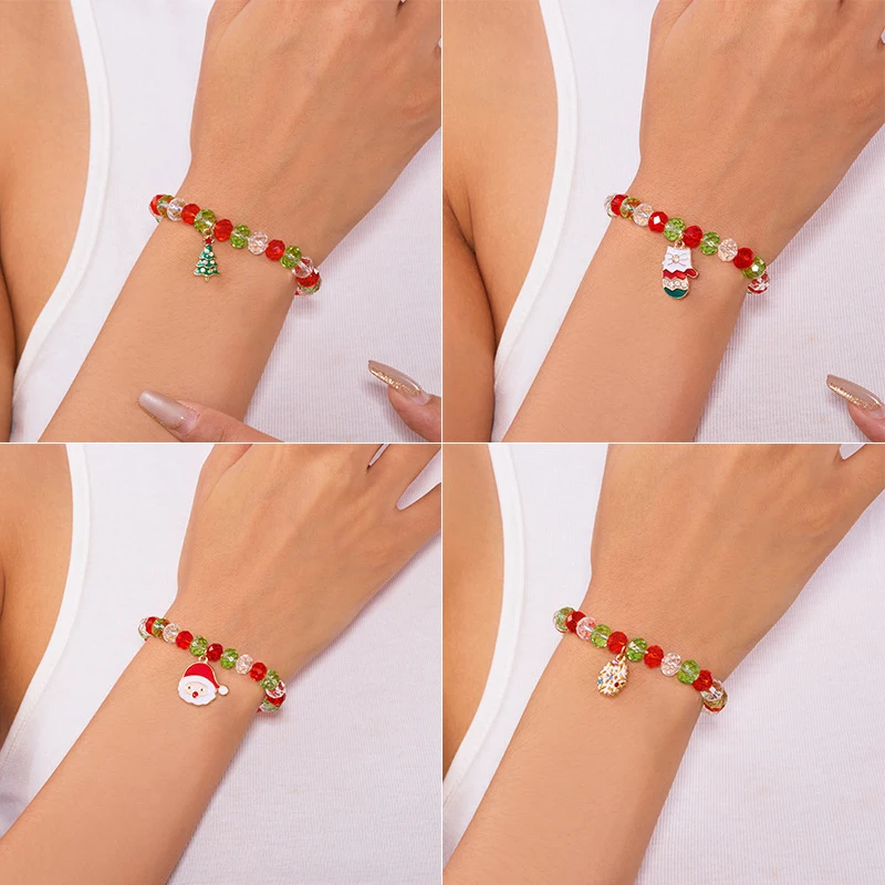 Bonita pulsera navideña con cuentas de cristal para mujer, Papá Noel, árbol de Navidad, colgante de copo de nieve, brazalete de cuentas, joyería para fiesta de Año Nuevo