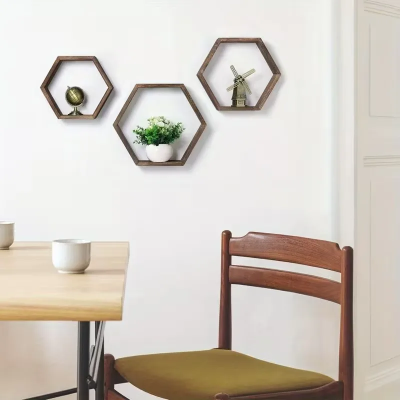 Wooden Hexagonal Frame Lattice Wall Hanging Shelf Succulent Plant Display Living Room Decorative Wall Mounted Shelves