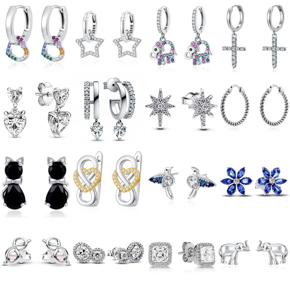 Brick Set Heart-shaped Blue Hummingbird Sparkling Square Brand New 925 Silver Versatile Earrings Suitable For Women's Trinkets