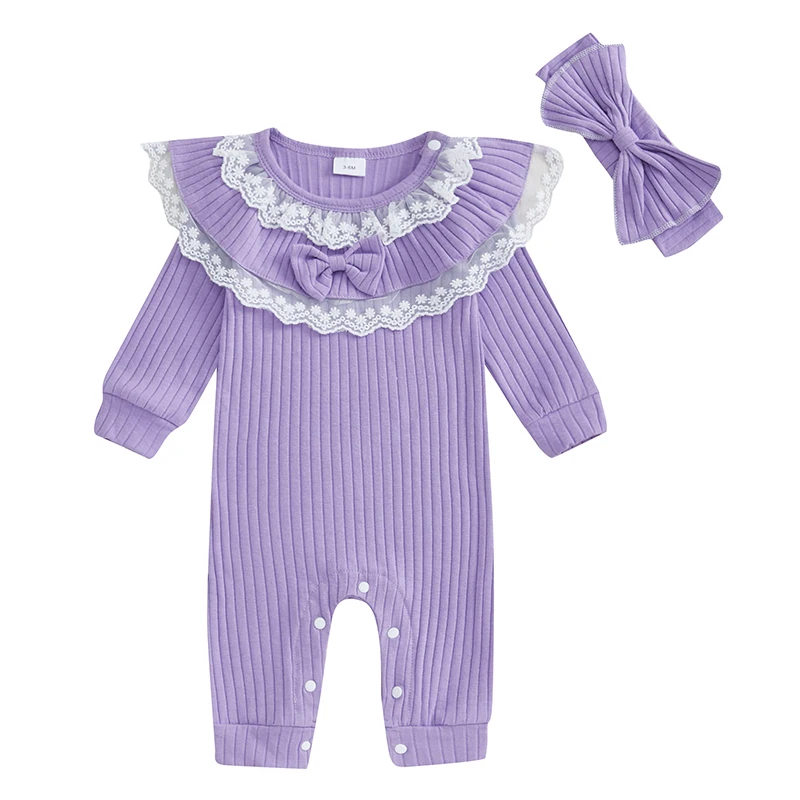 

Baby Girl Fall Outfit Ruffle Lace Trim Long Sleeve Full Length Ribbed Romper Bow Headband 2 Piece Set