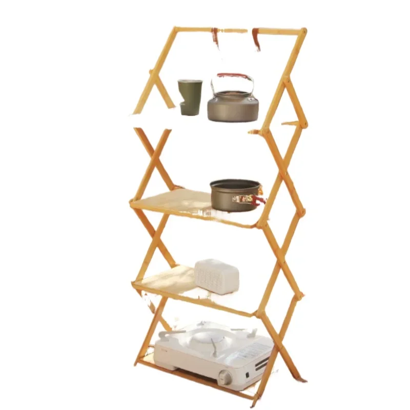 Outdoor Camping Bamboo Organizer, Multi-tier Folding Shelving, Multipurpose Storage for Picnic & Road Trip