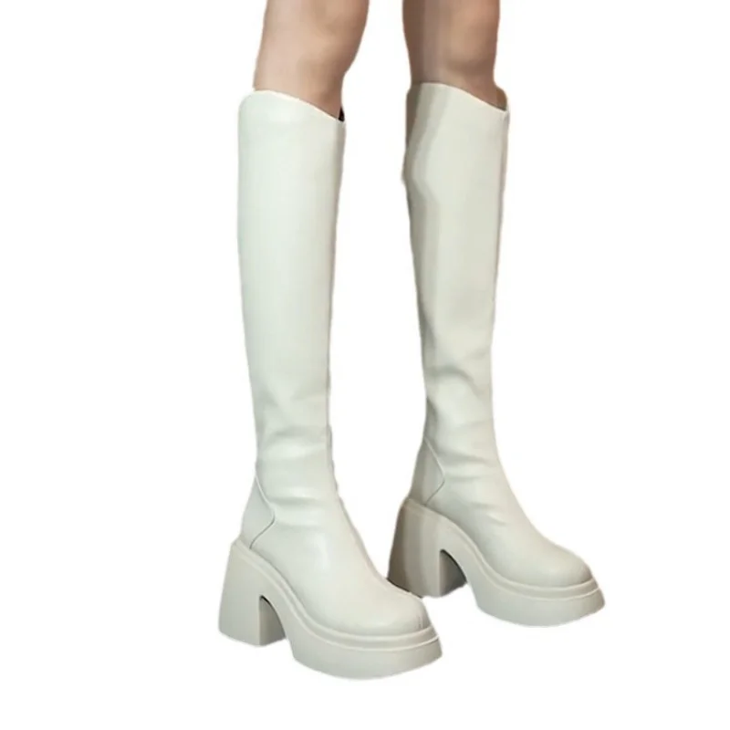Botas de salto grosso de fundo grosso outono e inverno novas botas de salto alto creme boca temperamento abaixo do joelho botas de cavaleiro