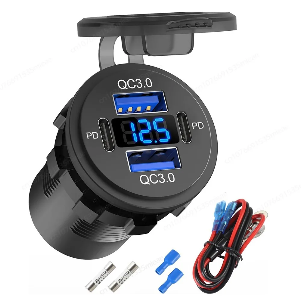 Upgraded 4 Ports 12V USB Outlet Fast Car Charger 78W Dual PD & QC Multiple USB Ports with Voltmeter Waterproof for Marine RV Bus