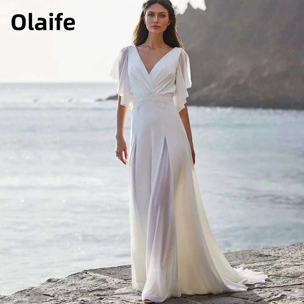 Olaife Simple V-Neck Chiffon Wedding Dresses For Women Appliqués Batwing Sleeves Beach Bridal Gowns Robe De Mariée vestido de no